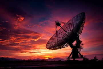 Satellite dish standing tall against a breathtaking sunset, capturing the beauty of communication technology