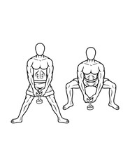 Squat muscle male dumbbell gym sport training line art, hand drawn, sketch illustration
