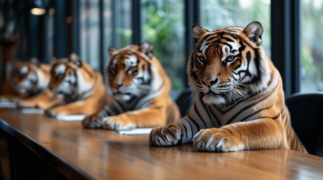 Tigers sitting at a long table in a modern setting, appearing attentive and serious