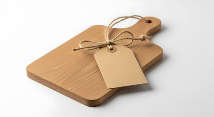 Wooden cutting board with a blank tag tied with string for kitchen and food prep work