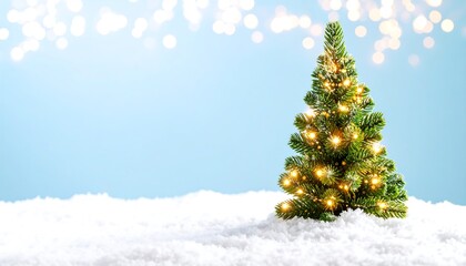 Festive christmas tree with sparkling lights on a snowy blue background