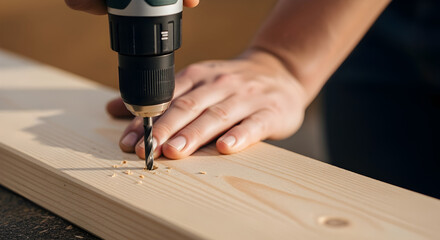 Using power drill to make holes in wooden plank for woodworking project at home workshop