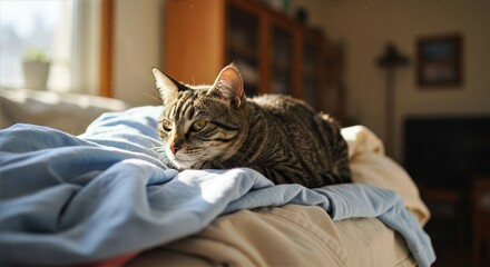 Tabby cat resting atop a soft pile of clean laundry, basking in warm sunlight that highlights its striped fur and creates a peaceful, homely atmosphere