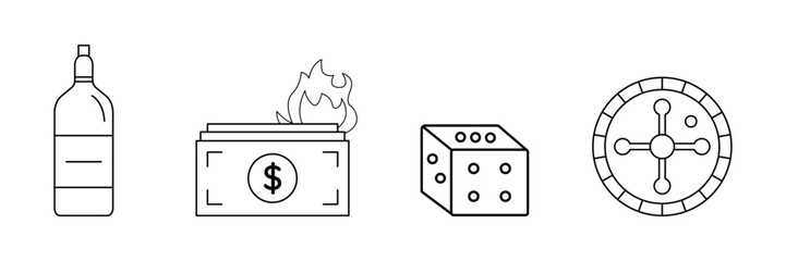 Alcohol bottle, money burning gambling addiction roulette icon vector illustration for risky behavior, financial loss and unhealthy lifestyle concept.