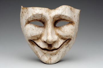 Smiling theatrical mask with cracks suggesting age, placed on a simple background