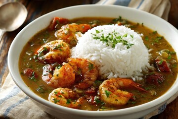 Gumbo Rice. Delicious Seafood Gumbo with Cajun Flavors Served in a White Bowl