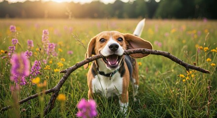 Dog chewing on stick in field of wildflowers at golden sunset, ears flapping in motion for a joyful, playful outdoor moment