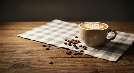 Cappuccino in a white cup with intricate latte art, set on a checkered cloth napkin with scattered coffee beans atop a rustic wooden table in warm, inviting light