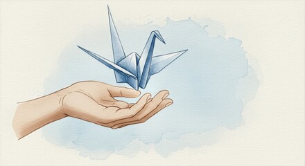 Hand gently holding a delicate blue origami crane against a soft watercolor background, evoking peace, hope, and the artistry of traditional paper folding