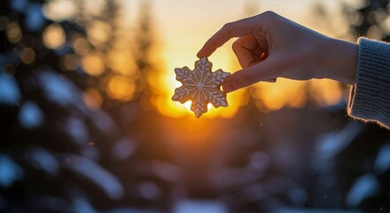 Hand holding snowflake cookie with intricate white icing against a golden winter sunset, evergreen trees silhouetted for a cozy, festive scene