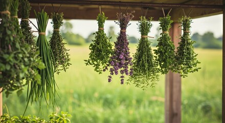 Herbs hanging to dry in a rustic shed, tied in neat bundles with stems up, their green leaves catching warm sunlight against a backdrop of weathered wood