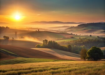 Fototapeta premium Dawn breaking over rolling hills and fields in rural Poland landscape