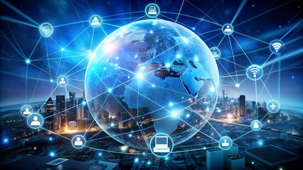 A glowing digital globe surrounded by a network of connections and icons, illustrating global connectivity and the internet
