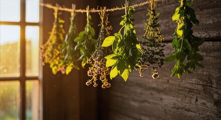 Herbs hanging to dry in a rustic shed, tied in bunches and bathed in warm sunlight, with green leaves and wooden walls creating a natural, homely atmosphere