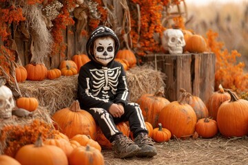Halloween Costume Pumpkin Patch. Boy in Skeleton Costume Among Orange Pumpkins at Halloween Party