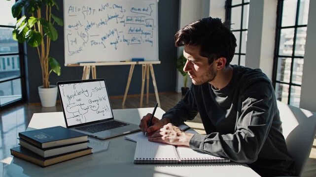 Young man studies in a bright room with whiteboard and laptop during the afternoon - Powered by Adobe
