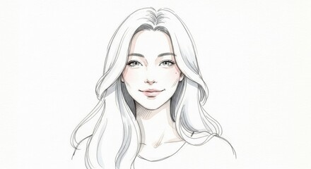 Fototapeta premium Sketch of a woman s face with long wavy hair isolated on white background