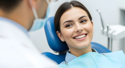 Beautiful woman smiles during dental checkup with dentist in clinic for oral healthcare