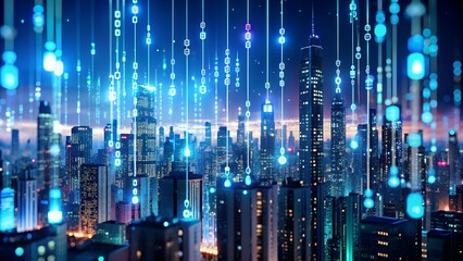 Abstract digital cityscape with glowing blue binary code streams falling from the sky, representing data flow and futuristic urban technology