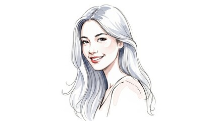 Sketch of a smiling young woman with long blonde hair isolated on white background