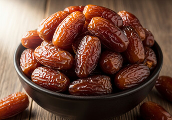 Black Bowl of Dates on a Wooden Table