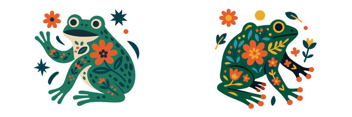 Obraz premium Stylized folk art frogs with intricate floral and botanical decorations, a set of two colorful amphibians in a decorative graphic style