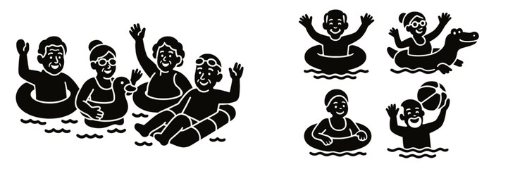 Set of black and white icons with active senior people swimming in the water with inflatable rings and toys for summer vacation fun