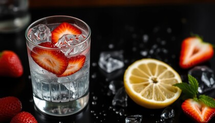 Refreshing strawberry and lemon infused cold beverage with ice cubes