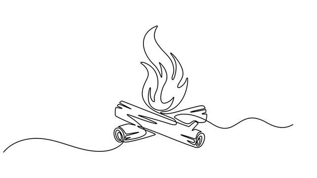 Bon fire continuous one line drawing animation video, Campfire Single Line Icon, Campfire Continuous Line Drawing with Editable Stroke and Copy Space