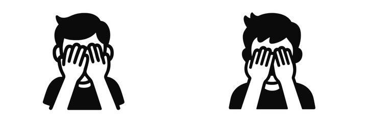 Minimalist black and white icon set of a person covering their eyes with hands representing shame fear or sadness