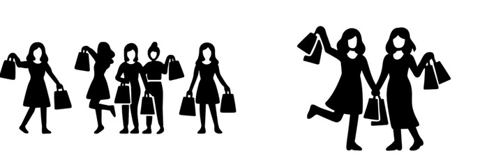 Collection of black silhouette icons depicting happy women and friends carrying shopping bags after a successful retail therapy day