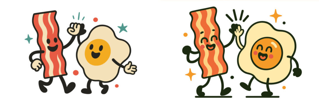 Retro cartoon mascot characters of a happy bacon strip and a fried egg walking and giving a high five in a vintage style