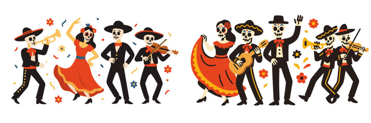 Cartoon skeletons dressed as mariachi musicians and Catrina dancers celebrating the Mexican holiday Dia de los Muertos with music and dance