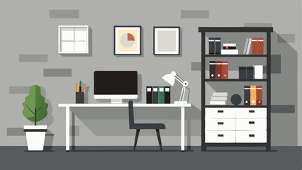 An office space with a black desk a white shelving unit and a gray accent wall with textured wallpaper.