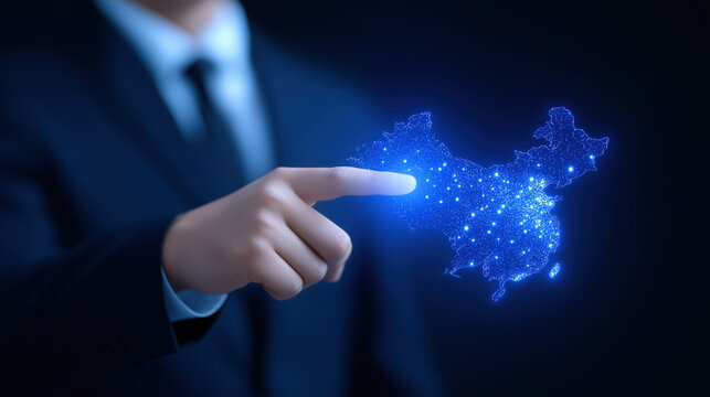 Digital map of China glowing with blue light and connected points, business person pointing with finger in dark background
