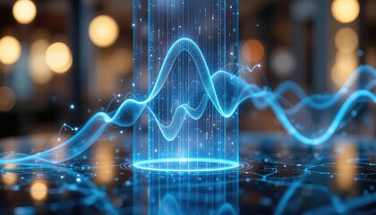 A glowing blue data visualization column with a wavy line, representing information flow.