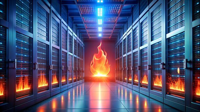 A server room with rows of computer racks and a large fire burning in the center, symbolizing a data center meltdown or cyber attack