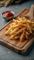 Golden French Fries on a Wooden Cutting Board