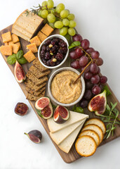 Delicious cheese board with various cheeses crackers grapes figs and dip for snacking time