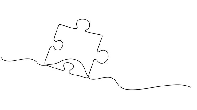 Puzzle line art, Continuous one line drawing of pieces of jigsaw on white background. Vector illustration for banner, template, poster, backdrop, web, app. Black thin line of puzzle icon