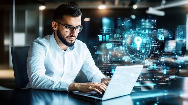 Modern office workspace featuring abstract data visualizations on glowing screens.