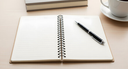 Open Notebook on a Desk with a Pen and a Book, Ready for Writing and Note-Taking, Workspace Ready for New Ideas
