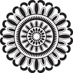 Intricate Black and White Mandala Design. A symmetrical, detailed mandala design in black and white against a white background.