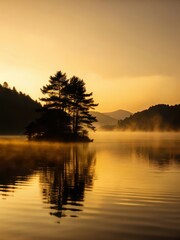 Fototapeta premium Landscape of a serene mountain lake at sunrise with misty fog in the background