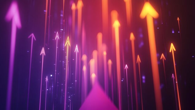 Abstract background with glowing arrows growing upwards, a stock market or business growth concept. Digital rendering of an arrow pointing up on a line graph rising to the top,