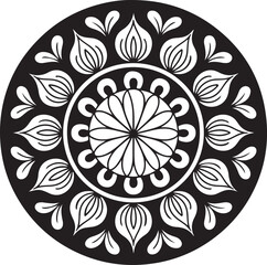 Fototapeta premium Ornate Mandala Design in Black and White. This symmetrical black and white mandala design features intricate floral patterns, perfect for coloring books, backgrounds, logos, or digital art.