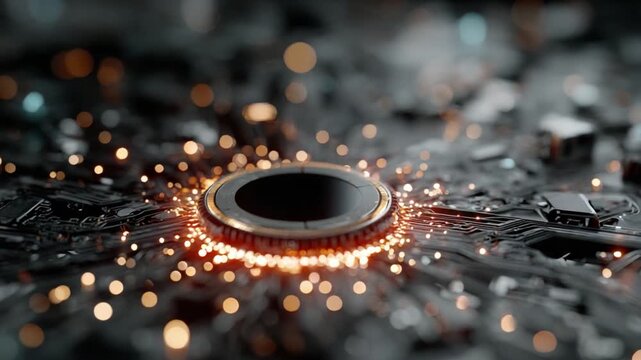 Cybernetic Core: A close-up view of a motherboard, highlighting the central processing unit and integrated circuits, with vibrant sparks and an aura of cutting-edge technology.