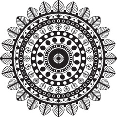 Intricate black and white mandala design for coloring or printing. This elegant black and white mandala design features intricate concentric circles and leaf-like patterns.