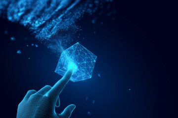 Futuristic holographic hand touching glowing blue cube, digital interaction and data particles creating dynamic energy