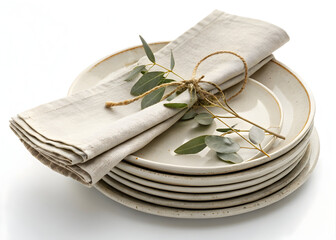 Stack of ceramic plates with beige napkin and eucalyptus branch for table setting decor